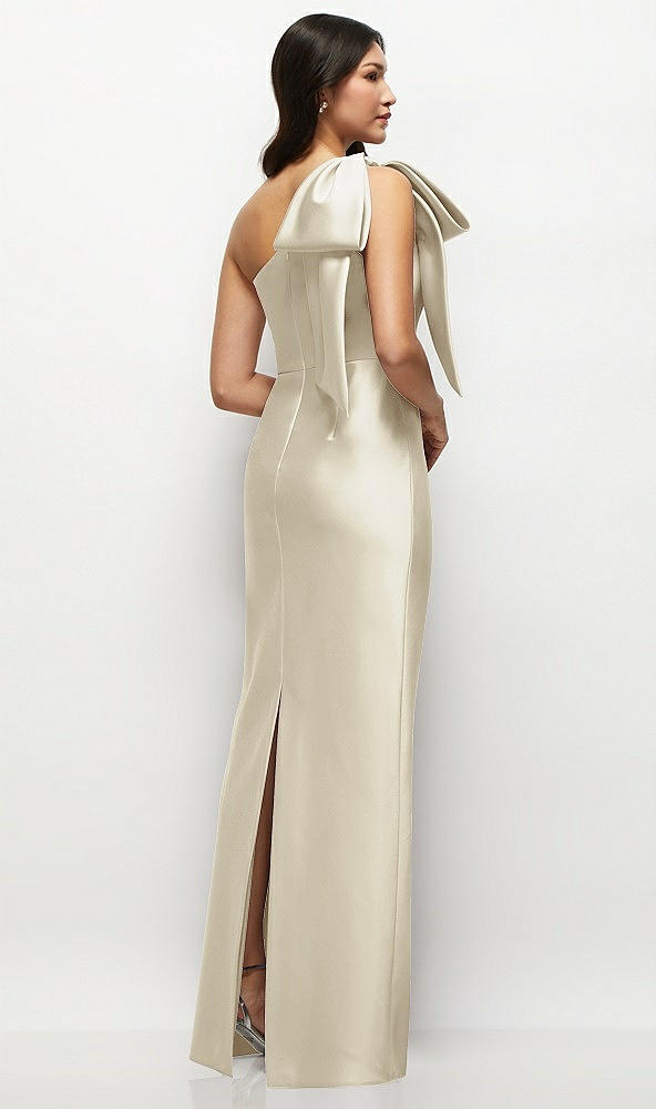 Back View - Champagne Oversized Bow One-Shoulder Satin Column Maxi Dress