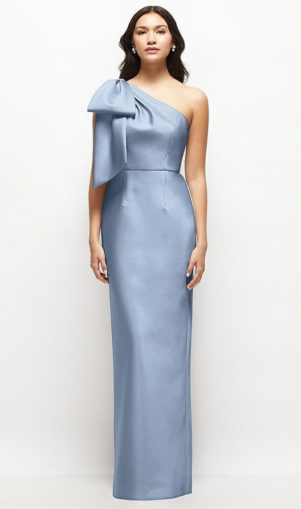 Front View - Cloudy Oversized Bow One-Shoulder Satin Column Maxi Dress