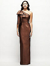 Front View Thumbnail - Cognac Oversized Bow One-Shoulder Satin Column Maxi Dress