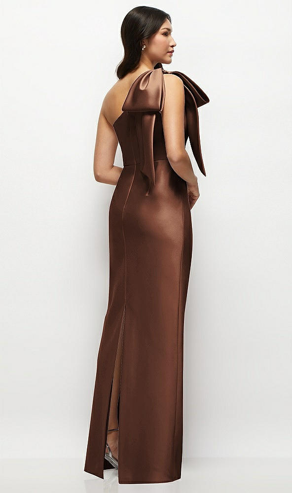 Back View - Cognac Oversized Bow One-Shoulder Satin Column Maxi Dress