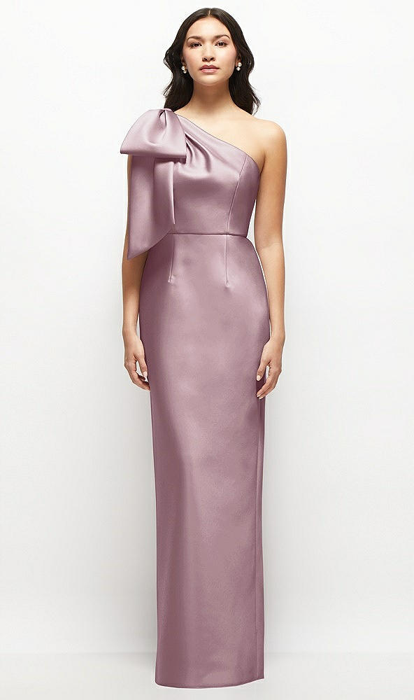 Front View - Dusty Rose Oversized Bow One-Shoulder Satin Column Maxi Dress