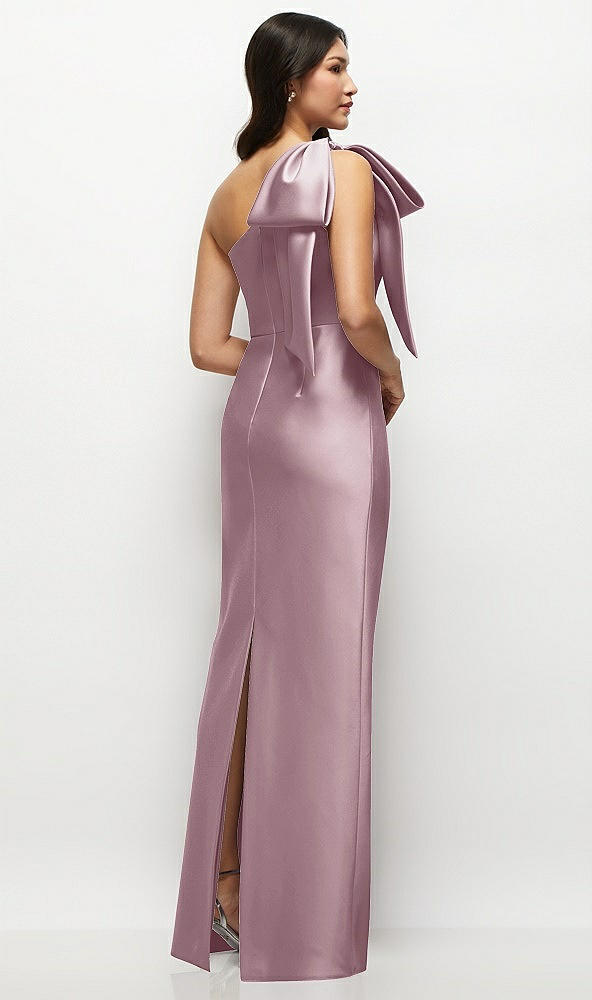 Back View - Dusty Rose Oversized Bow One-Shoulder Satin Column Maxi Dress