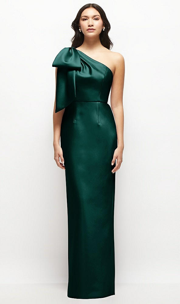 Front View - Evergreen Oversized Bow One-Shoulder Satin Column Maxi Dress