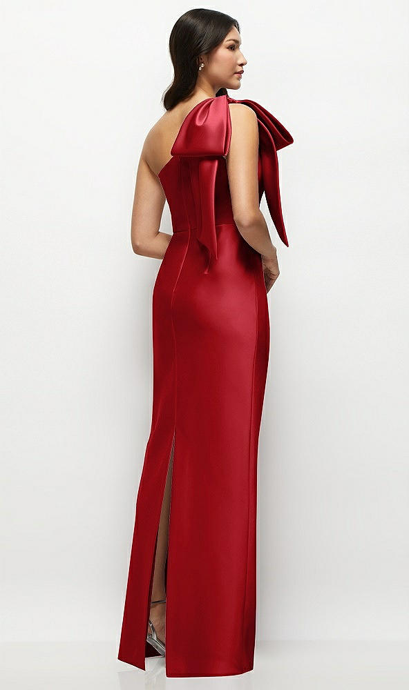 Back View - Garnet Oversized Bow One-Shoulder Satin Column Maxi Dress