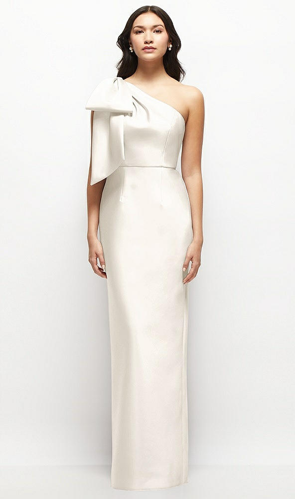Front View - Ivory Oversized Bow One-Shoulder Satin Column Maxi Dress