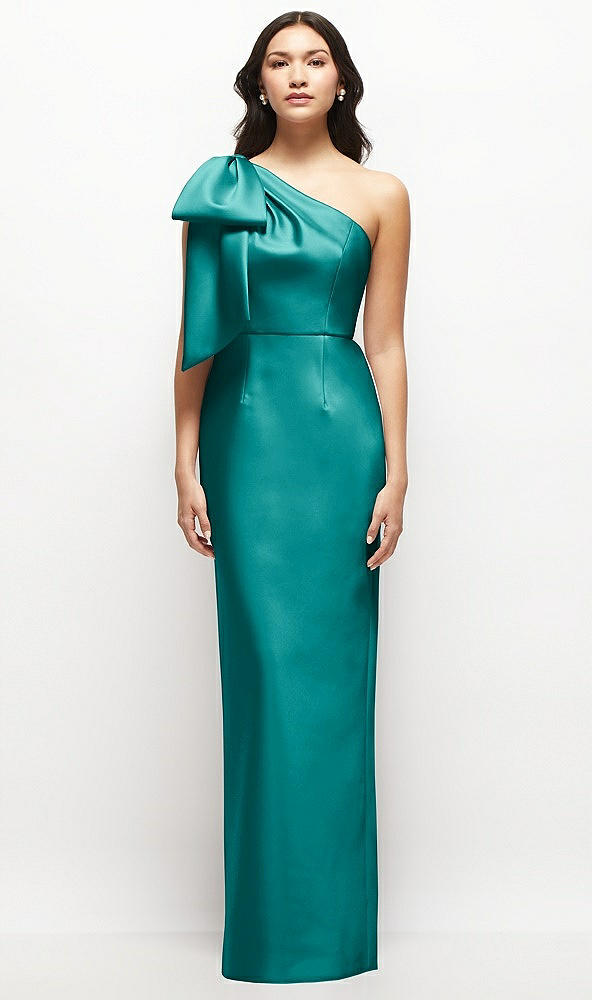 Front View - Jade Oversized Bow One-Shoulder Satin Column Maxi Dress