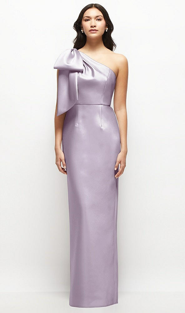 Front View - Lilac Haze Oversized Bow One-Shoulder Satin Column Maxi Dress