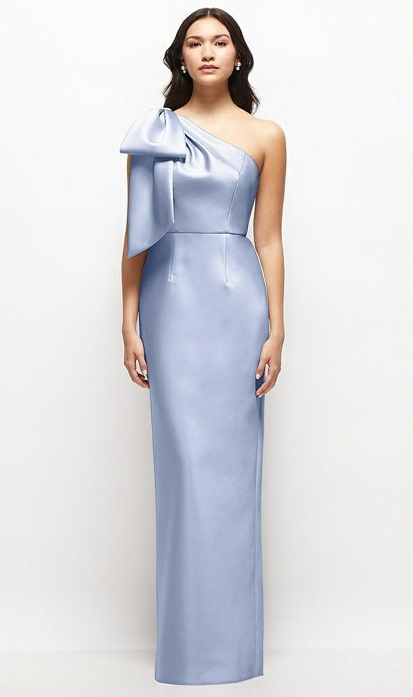 Front View - Sky Blue Oversized Bow One-Shoulder Satin Column Maxi Dress