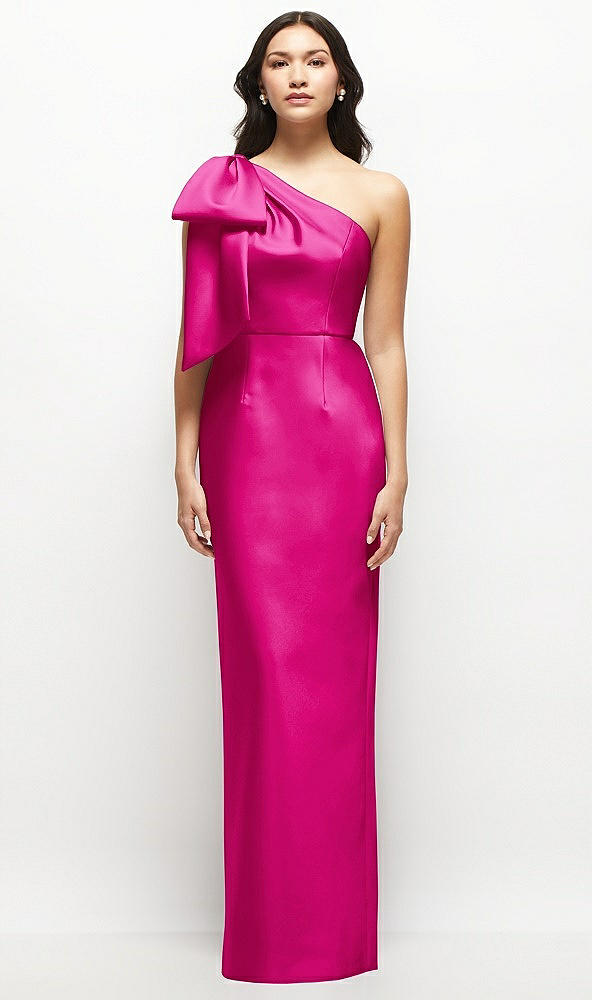 Front View - Think Pink Oversized Bow One-Shoulder Satin Column Maxi Dress