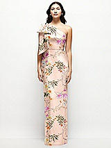 Front View Thumbnail - Butterfly Botanica Pink Sand Oversized Bow One-Shoulder Floral Satin Column Maxi Dress