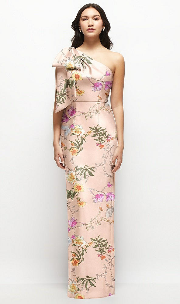 Front View - Butterfly Botanica Pink Sand Oversized Bow One-Shoulder Floral Satin Column Maxi Dress