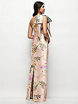 Rear View Thumbnail - Butterfly Botanica Pink Sand Oversized Bow One-Shoulder Floral Satin Column Maxi Dress