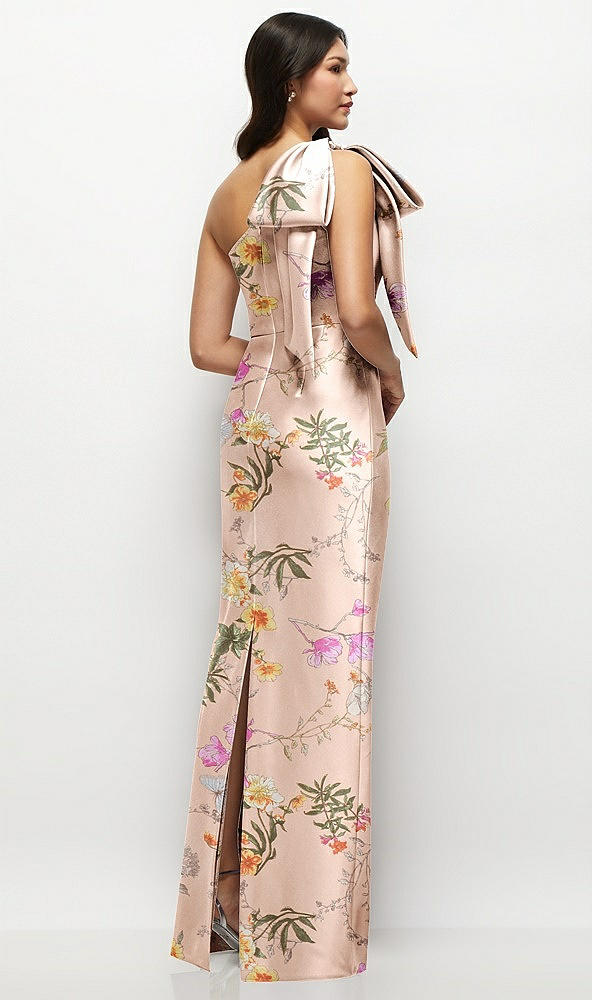 Back View - Butterfly Botanica Pink Sand Oversized Bow One-Shoulder Floral Satin Column Maxi Dress