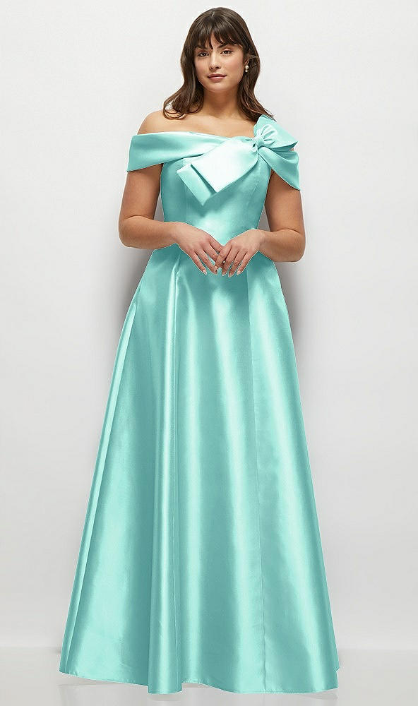 Front View - Coastal Asymmetrical Bow Off-Shoulder Satin Gown with Ballroom Skirt