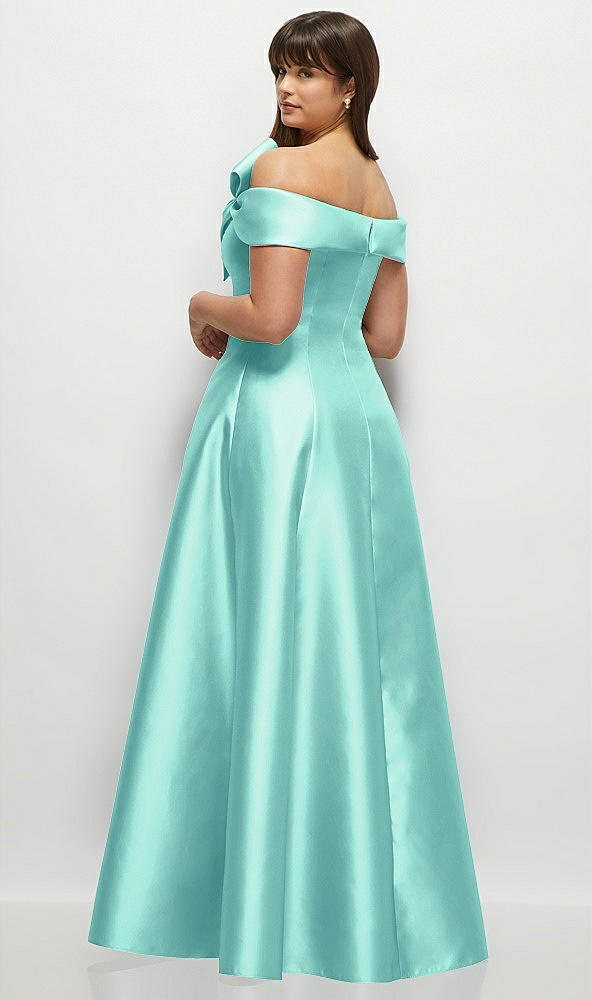 Back View - Coastal Asymmetrical Bow Off-Shoulder Satin Gown with Ballroom Skirt