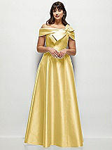 Front View Thumbnail - Maize Asymmetrical Bow Off-Shoulder Satin Gown with Ballroom Skirt