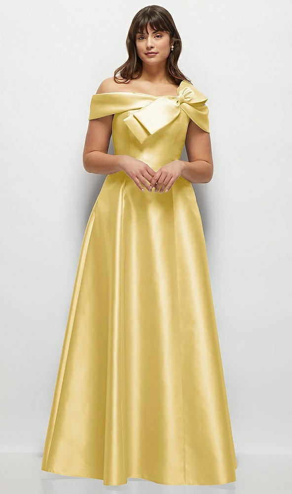 Front View - Maize Asymmetrical Bow Off-Shoulder Satin Gown with Ballroom Skirt