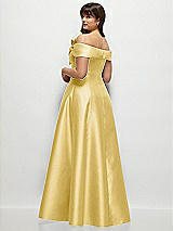 Rear View Thumbnail - Maize Asymmetrical Bow Off-Shoulder Satin Gown with Ballroom Skirt