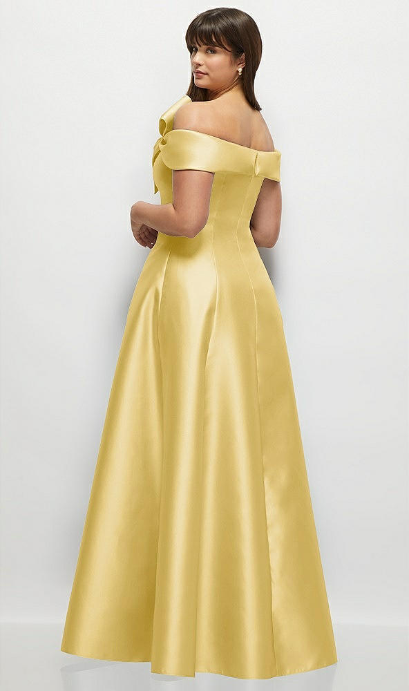 Back View - Maize Asymmetrical Bow Off-Shoulder Satin Gown with Ballroom Skirt