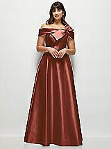 Front View Thumbnail - Auburn Moon Asymmetrical Bow Off-Shoulder Satin Gown with Ballroom Skirt