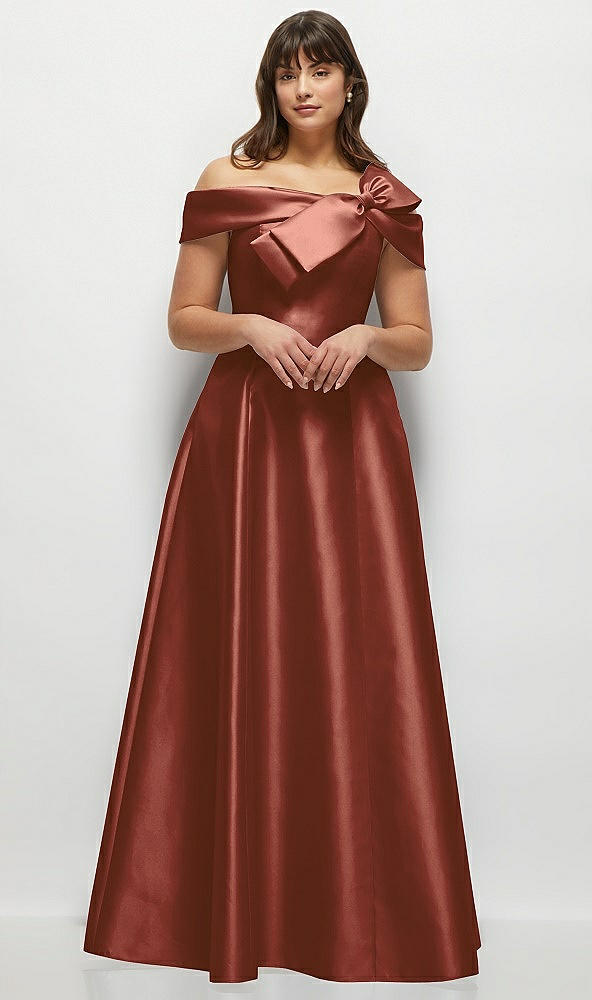 Front View - Auburn Moon Asymmetrical Bow Off-Shoulder Satin Gown with Ballroom Skirt