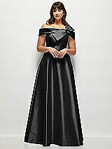 Front View Thumbnail - Black Asymmetrical Bow Off-Shoulder Satin Gown with Ballroom Skirt