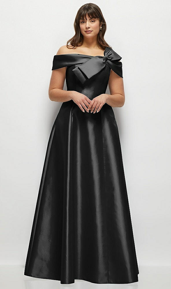 Front View - Black Asymmetrical Bow Off-Shoulder Satin Gown with Ballroom Skirt