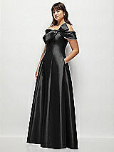 Side View Thumbnail - Black Asymmetrical Bow Off-Shoulder Satin Gown with Ballroom Skirt