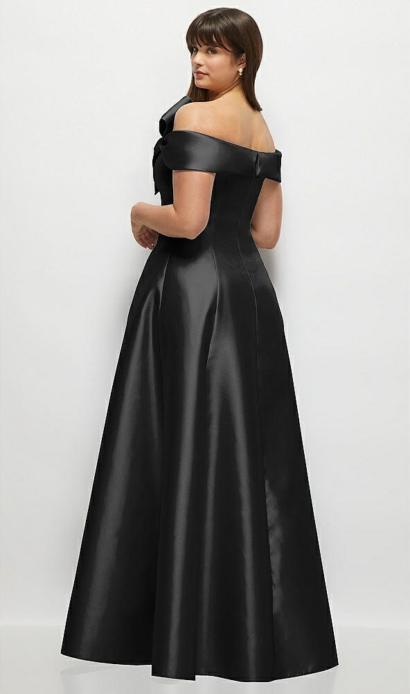 Back View - Black Asymmetrical Bow Off-Shoulder Satin Gown with Ballroom Skirt