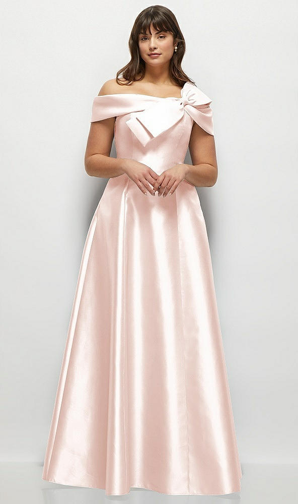 Front View - Blush Asymmetrical Bow Off-Shoulder Satin Gown with Ballroom Skirt