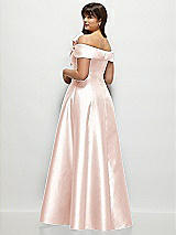 Rear View Thumbnail - Blush Asymmetrical Bow Off-Shoulder Satin Gown with Ballroom Skirt