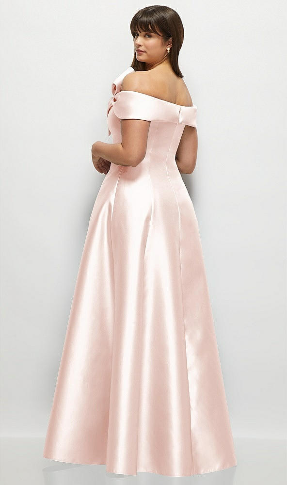 Back View - Blush Asymmetrical Bow Off-Shoulder Satin Gown with Ballroom Skirt