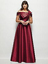 Front View Thumbnail - Burgundy Asymmetrical Bow Off-Shoulder Satin Gown with Ballroom Skirt