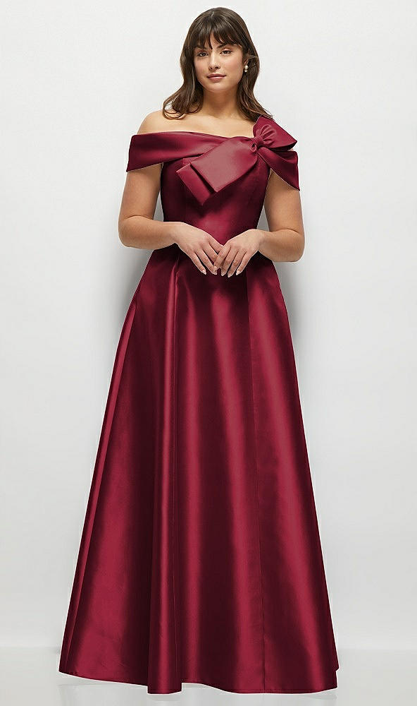Front View - Burgundy Asymmetrical Bow Off-Shoulder Satin Gown with Ballroom Skirt