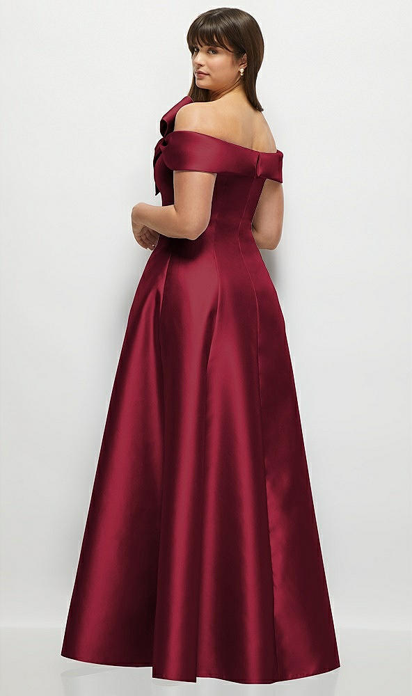 Back View - Burgundy Asymmetrical Bow Off-Shoulder Satin Gown with Ballroom Skirt