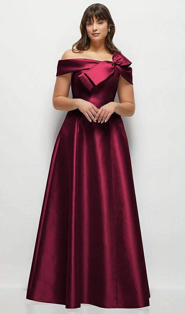 Front View - Cabernet Asymmetrical Bow Off-Shoulder Satin Gown with Ballroom Skirt