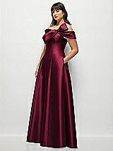 Side View Thumbnail - Cabernet Asymmetrical Bow Off-Shoulder Satin Gown with Ballroom Skirt