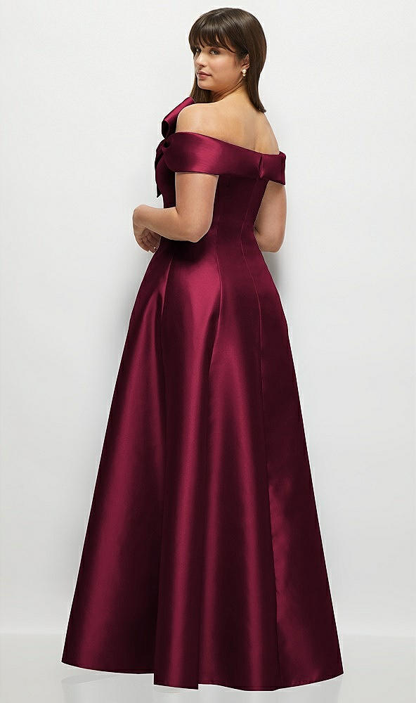 Back View - Cabernet Asymmetrical Bow Off-Shoulder Satin Gown with Ballroom Skirt