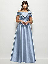 Front View Thumbnail - Cloudy Asymmetrical Bow Off-Shoulder Satin Gown with Ballroom Skirt