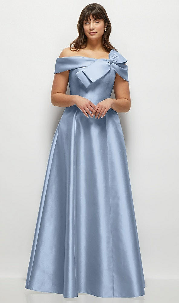 Front View - Cloudy Asymmetrical Bow Off-Shoulder Satin Gown with Ballroom Skirt