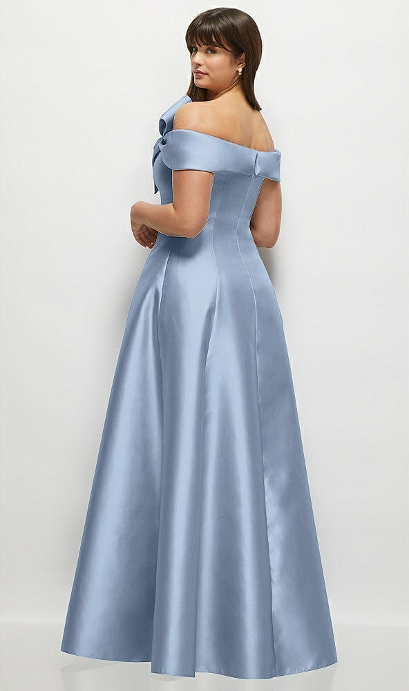 Back View - Cloudy Asymmetrical Bow Off-Shoulder Satin Gown with Ballroom Skirt
