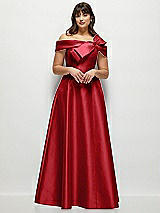 Front View Thumbnail - Garnet Asymmetrical Bow Off-Shoulder Satin Gown with Ballroom Skirt