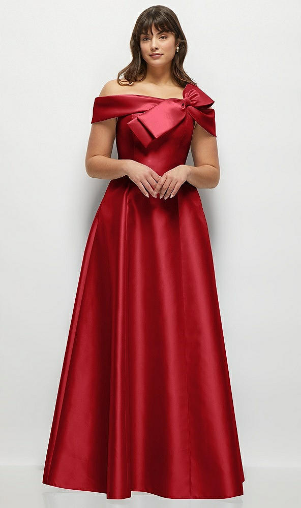 Front View - Garnet Asymmetrical Bow Off-Shoulder Satin Gown with Ballroom Skirt