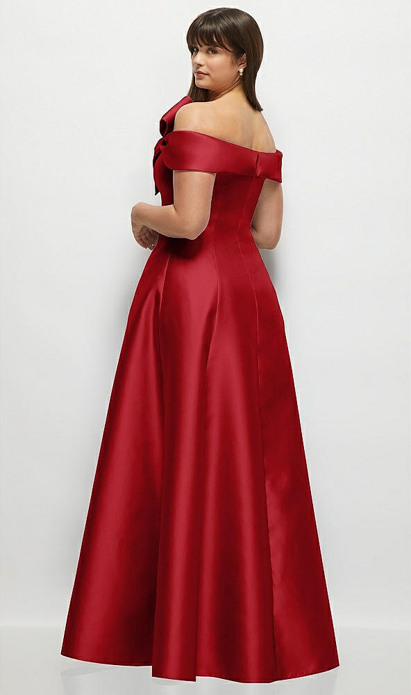 Back View - Garnet Asymmetrical Bow Off-Shoulder Satin Gown with Ballroom Skirt