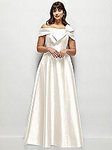 Front View Thumbnail - Ivory Asymmetrical Bow Off-Shoulder Satin Gown with Ballroom Skirt
