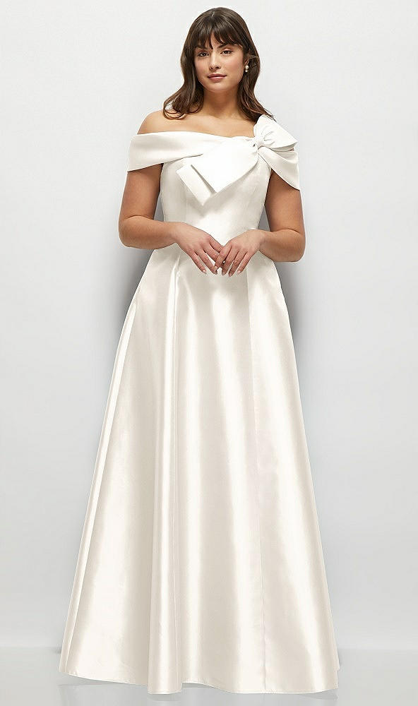 Front View - Ivory Asymmetrical Bow Off-Shoulder Satin Gown with Ballroom Skirt