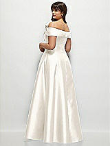 Rear View Thumbnail - Ivory Asymmetrical Bow Off-Shoulder Satin Gown with Ballroom Skirt