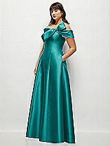 Side View Thumbnail - Jade Asymmetrical Bow Off-Shoulder Satin Gown with Ballroom Skirt