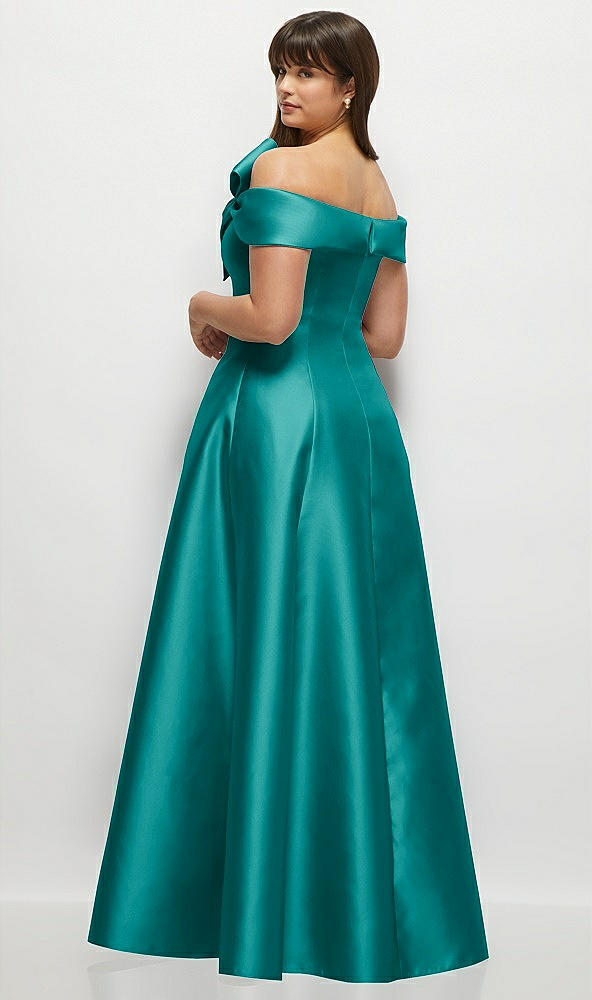 Back View - Jade Asymmetrical Bow Off-Shoulder Satin Gown with Ballroom Skirt