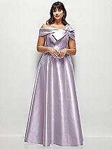 Front View Thumbnail - Lilac Haze Asymmetrical Bow Off-Shoulder Satin Gown with Ballroom Skirt